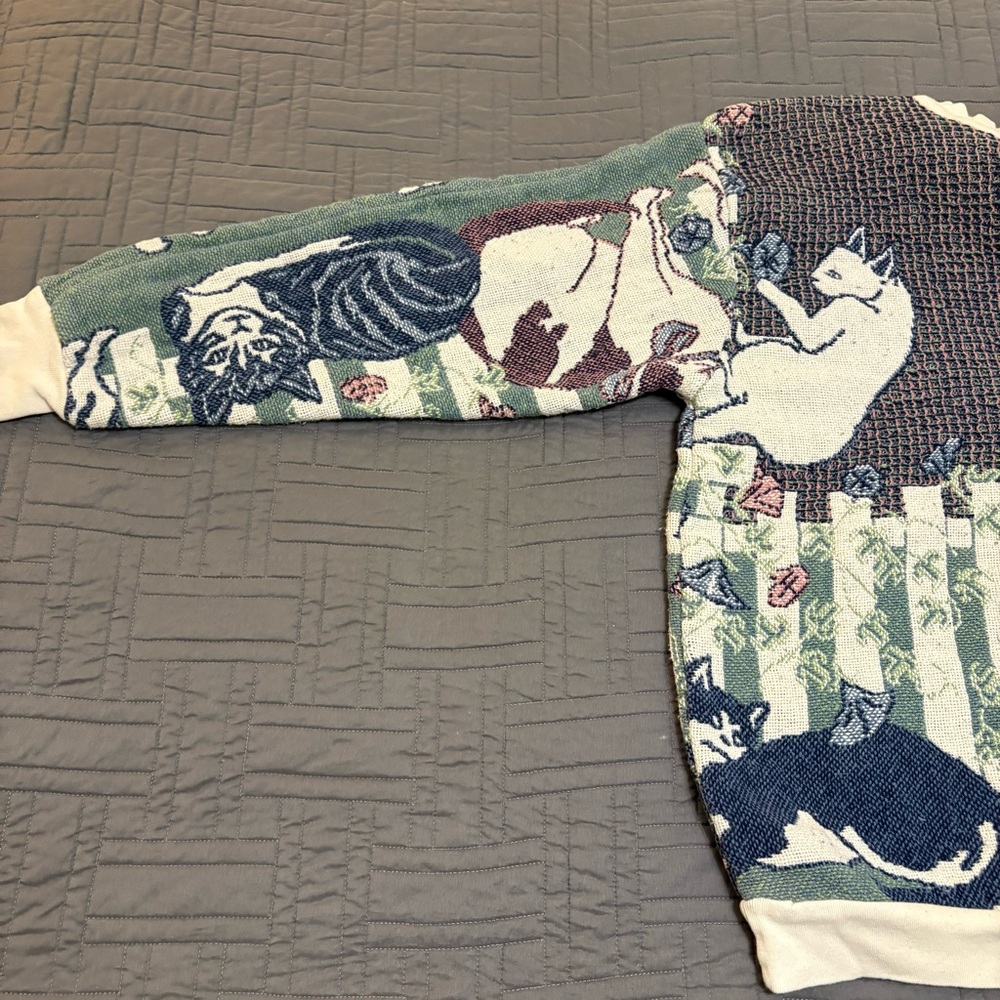 VINTAGE Sugar Street Weavers Sweatshirt Cat Tapestry Crewneck Kitty Sweater - Picture 4 of 16